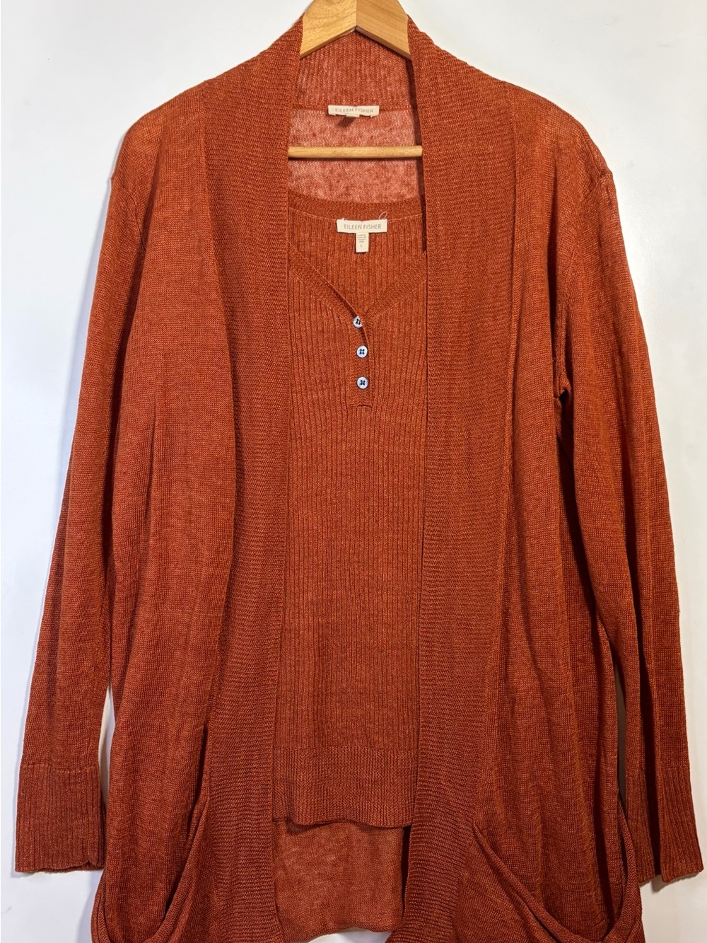 Eileen Fisher Rust Copper Linen Ribbed Cardigan Tank Set Cottagecore L
